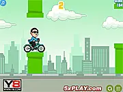 Screenshot of Flappy PSY online game showing the character mid-air trying to avoid a green pipe/tunnel in a city background.
