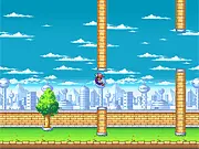 Flappy Goku 1.1 free online game screenshot showing Goku flying between green brick pillars in a Dragon Ball Z setting