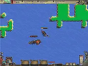 Screenshot of Pirateers 2, an online game showing a top-down view of a player's customized pirate ship engaging in cannon fire with an enemy vessel on the open sea.