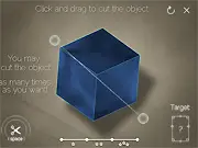 Cut 3D game screen showing a geometric shape being rotated and a line indicating where the next cut will be made to match the target shape. Play free 3D cutting puzzle.