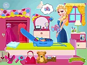 Screenshot of the Elsa Goes to Paris hidden objects game showing Elsa's messy room filled with clothes and items that need to be found for packing luggage.
