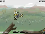 The main screen of the Moto Trial Fest 5 online game showing a dirt bike rider attempting to balance on a small, precarious wooden platform over a large gap.