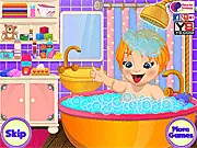 Baby Emma Bath and Care free online game screenshot showing a happy baby Emma in a bathtub with bubbles and toys