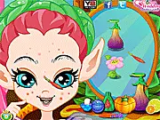 Rainbow Fairy Facial Makeover free online game screenshot showing a beautiful fairy with bright makeup and a colorful, sparkling rainbow outfit
