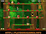 Diego Arrange Fruit free online puzzle game with the character Diego in a forest collecting various fruits near a basket.