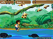 Screenshot of Diego Cross The River game showing Diego hopping on a green turtle floating in the river, free online arcade game