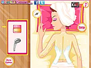 New Mom Beauty Spa free online game screenshot showing the character Carrie relaxing with a soothing facial mask at a beauty salon.