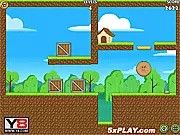Screenshot of Pou Back Home free online game showing Mr. Pou jumping over a gap on a wooden platform in a forest.