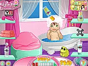 Caring Carol baby girl in a bathtub with bubbles, playing a free baby makeover and dress up game online