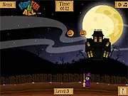 Play Spooke Pang Halloween online free arcade game, featuring a witch shooting a magic broom at bouncing, splitting balls