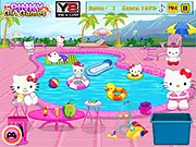 Play Hello Kitty Pool Clean Up free online game, cleaning a messy swimming pool for a party, time management game