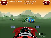 Firechaser free online mercenary biker game, showing a motorcycle rider speeding down a road and shooting at an enemy vehicle.