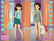 Sisters Shopping Spree game screenshot showing two stylish girls, Ami and her older sister, with shopping bags, play free online