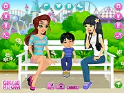 Theme Park Fun Dress Up game screenshot showing two girls, Emily and Ami, dressed in cute casual outfits for an amusement park day, play free online