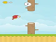 Flying John game screen showing a small character attempting to fly between a gap in two large, brown wooden pillars, a free online flappy bird style game.