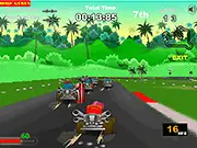 Screenshot of a go-kart speeding around a corner on a colorful 3D track in the free online racing game Kart Legend