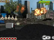 Screenshot of Gangsta Killa showing the character shooting while collecting money and a new weapon on a street background.