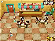 The main character dressed as a welcoming waitress in the free online time management game Waitress Adventures, serving food to customers.