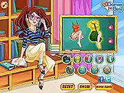 The main character Tara in the free online dress-up game Geek Chic, showing off a fashionable school-themed outfit and glasses.