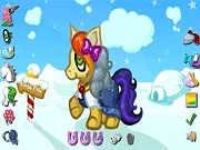 Little Baby Pony Creator game screenshot showing a highly customized pink and blue fantasy pony with wings.