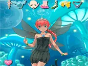 The main screen of the Cute Fairy dress up game, showing a highly customized fairy character with pink hair, green wings, and a detailed fantasy dress standing against a magical forest background.