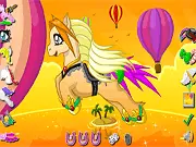 The main screen of the Magic Pony creator game showing a user-designed pony with a colorful mane, unicorn horn, and detailed fantasy accessories.