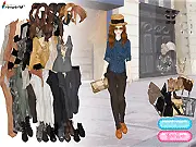 London's Most Fashionable Street Shooting dress-up game screenshot, girl wearing three-dimensional large pocket harem pants, black lace shirt, and shrug coat