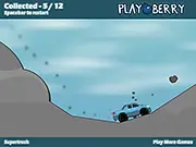 Screenshot of Super Truck Playberry game showing a red monster truck driving carefully over a simple, rugged, green hill terrain to collect rocks, playing a free online driving game on PlayArcadeHub.