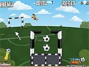 Catch The Ball! free online game screen showing a goalkeeper figure being launched to catch multiple footballs in a physics puzzle on PlayArcadeHub