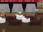 Angry Waiter! free online physics puzzle game showing a waiter throwing a plate at stacked bottles in a restaurant on PlayArcadeHub