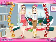 The main screen of the Sweet Twins dress up game showing two identical twin girls standing side-by-side, ready to be styled in matching outfits and accessories.