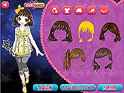Gameplay screenshot of the Magician Fashion Show Online game, showing the character Eloise dressed in a glamorous magician's outfit with a magic wand and a stage backdrop on PlayArcadeHub.