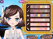 The main screen of the Nights Dress Style 5 dress up game showing a fashionable girl in a glamorous pose surrounded by options for elegant evening dresses and accessories.