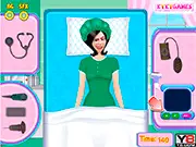 The main game screen of Scarlet Overkill Stomach Surgery, showing the villainess Scarlet Overkill lying on an operating table while a cute Minion doctor prepares the surgical tools.