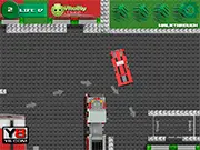 Block Town Parking free online game screenshot showing a cube-style car driving in a block-built city street.