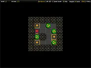 Screenshot of Sokoban: Biohazard Edition game showing a robot next to glowing green biohazard waste canisters in a warehouse, playing a free online puzzle game on PlayArcadeHub.