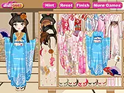 A model wearing a beautiful silk kimono and zōri in the Dreamy Kimono Dressup online game