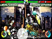 Two customized, giant, half-robot, half-beast Mechzilla warriors locked in brutal close combat inside a futuristic arena in the 2-player online game