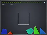 Vessel online game screenshot showing various colored geometric shapes being rotated and fitted inside a black outline container. Play free shape-fitting puzzle.