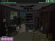 The small Reincarnation demon standing in a scene of chaos, featuring various clickable items and a character about to be tricked in the free online puzzle game
