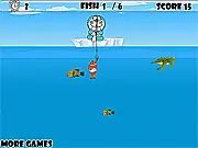Doraemon Fishing Game screen showing Doraemon casting a fishing line into water filled with fish and turtles
