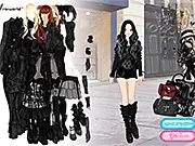 Model wearing a gorgeous black Gothic style dress and elegant dark makeup from the dress up game