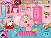 Princess Kitten Messy Room Cleaning game screenshot showing a cute cartoon kitten in a large, cluttered, and beautiful princess bedroom