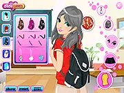 Screenshot of School Bag Girl Decoration game showing a girl's backpack being customized with colorful badges, patches, and key rings