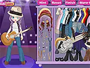 Screenshot of Country Musician Dressup game showing a stylish cartoon musician girl holding a classic wooden guitar