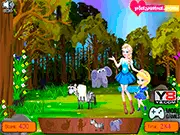Screenshot of Baby Elsa Forest Trip game showing Princess Elsa and her daughter interacting with cartoon wild animals like monkeys and parrots in a jungle setting