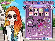 Colorful Makeup & Dress Up game screen, a model with vibrant pink hair and colorful eyeshadow, fashion makeover game