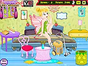 Tinkerbell Bedroom Cleaning game screenshot showing a messy room with clothes, toys, and trash on the floor