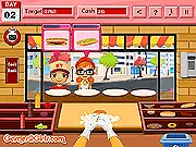Kathryn's Fast Food game screen, busy restaurant kitchen with food ingredients and impatient customers waiting, cooking time management game