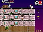 Tom and Jerry Nibbles Rescue free online game screenshot showing Jerry running and dodging logs thrown by Tom